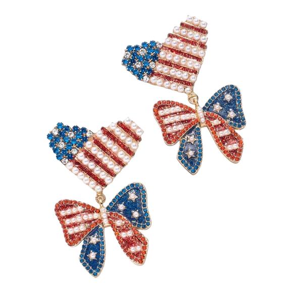 BaubleBar Patriotic EARRINGS Dangle Drop Red White Blue Bows Hearts Pearl USA - Picture 4 of 8